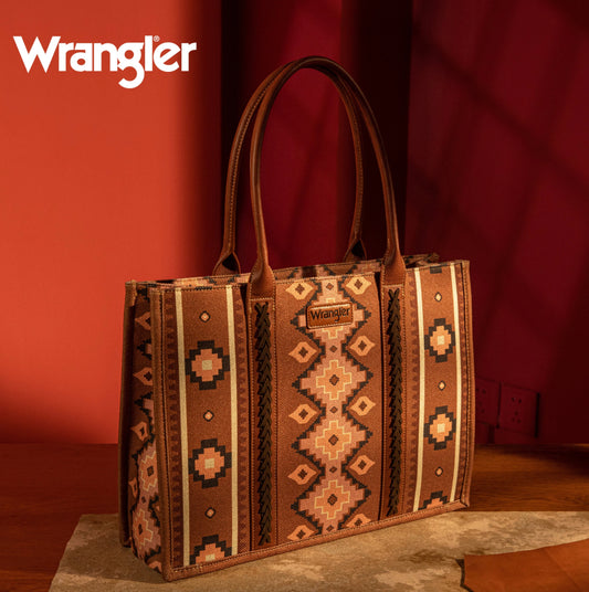 Purses Wrangler Dark Brown Aztec Allover wide Tote WG2203-8119DBR