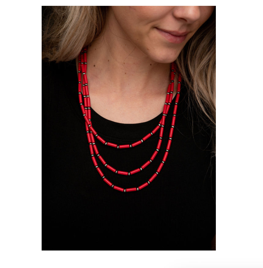 Three Strand Necklace with Red beads and Faux Navajo Pearls N1406RD