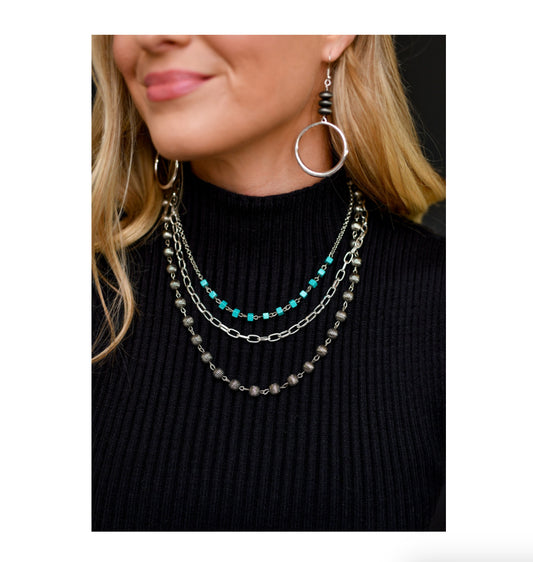 Three Strand Necklace with Turquoise and Faux Navajo Pearls N1289