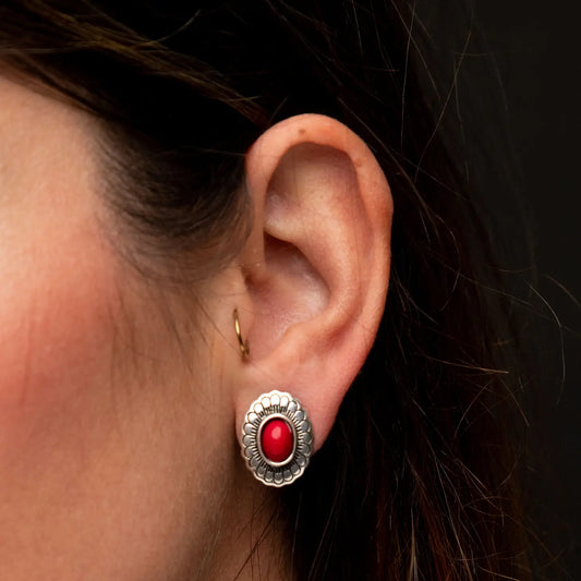 Jewelry Earrings Burnished Silver and Red Concho E680RD