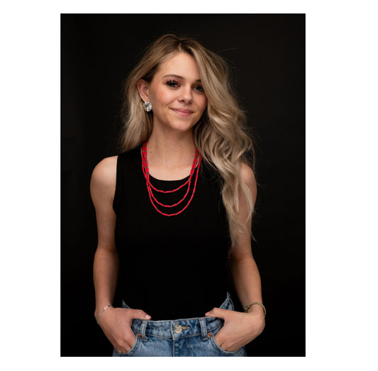 Three Strand Necklace with Red beads and Faux Navajo Pearls N1406RD