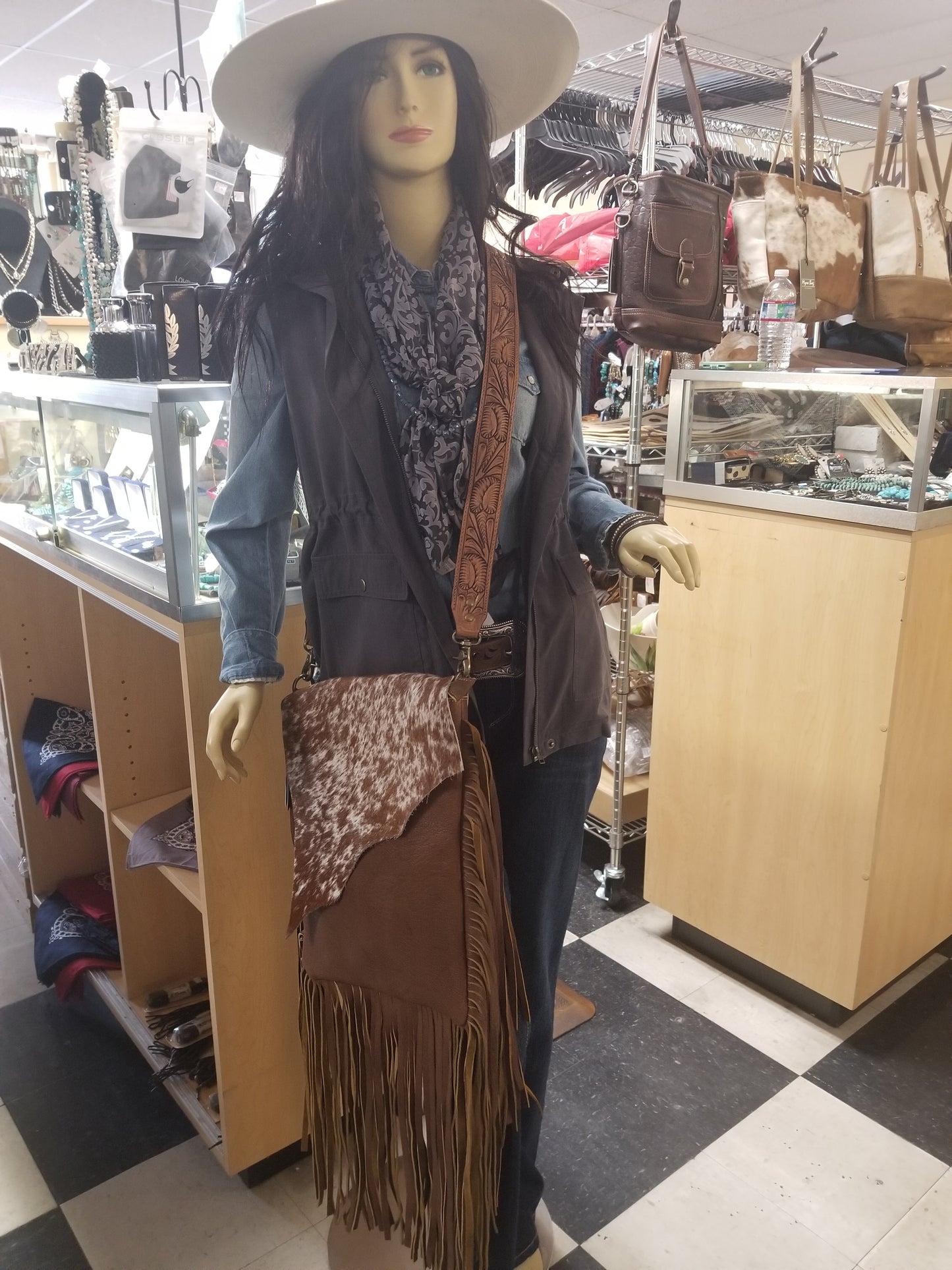Purse with real leather fringe and tooled leather strap ADBGZ137TAN