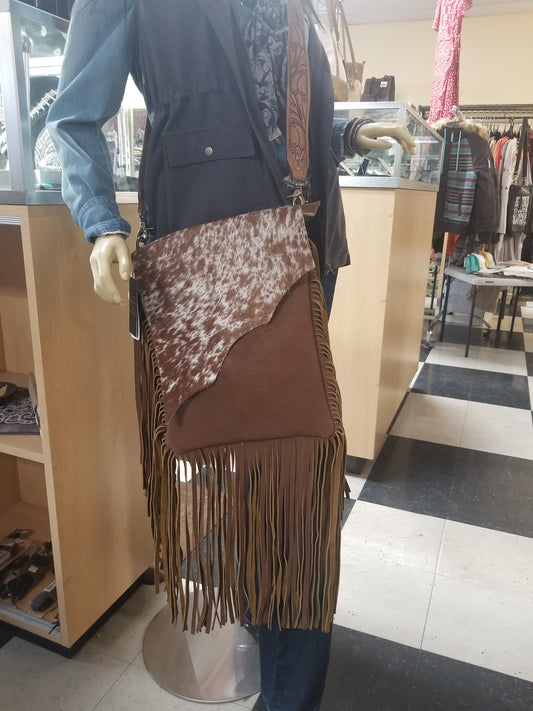 Purse with real leather fringe and tooled leather strap ADBGZ137TAN