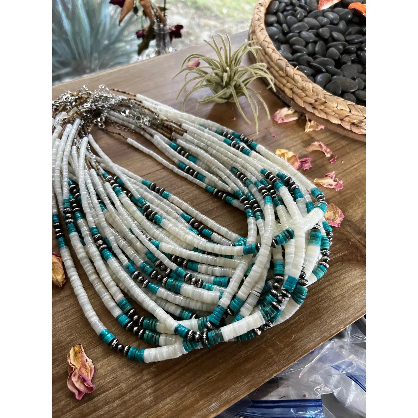 Graduated shell with Navajos; turquoise or spiny Necklace