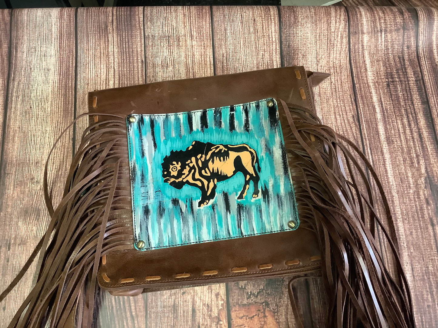 Handbag Purse w/hand painted buffalo trim and long fringe ADBGM109P2