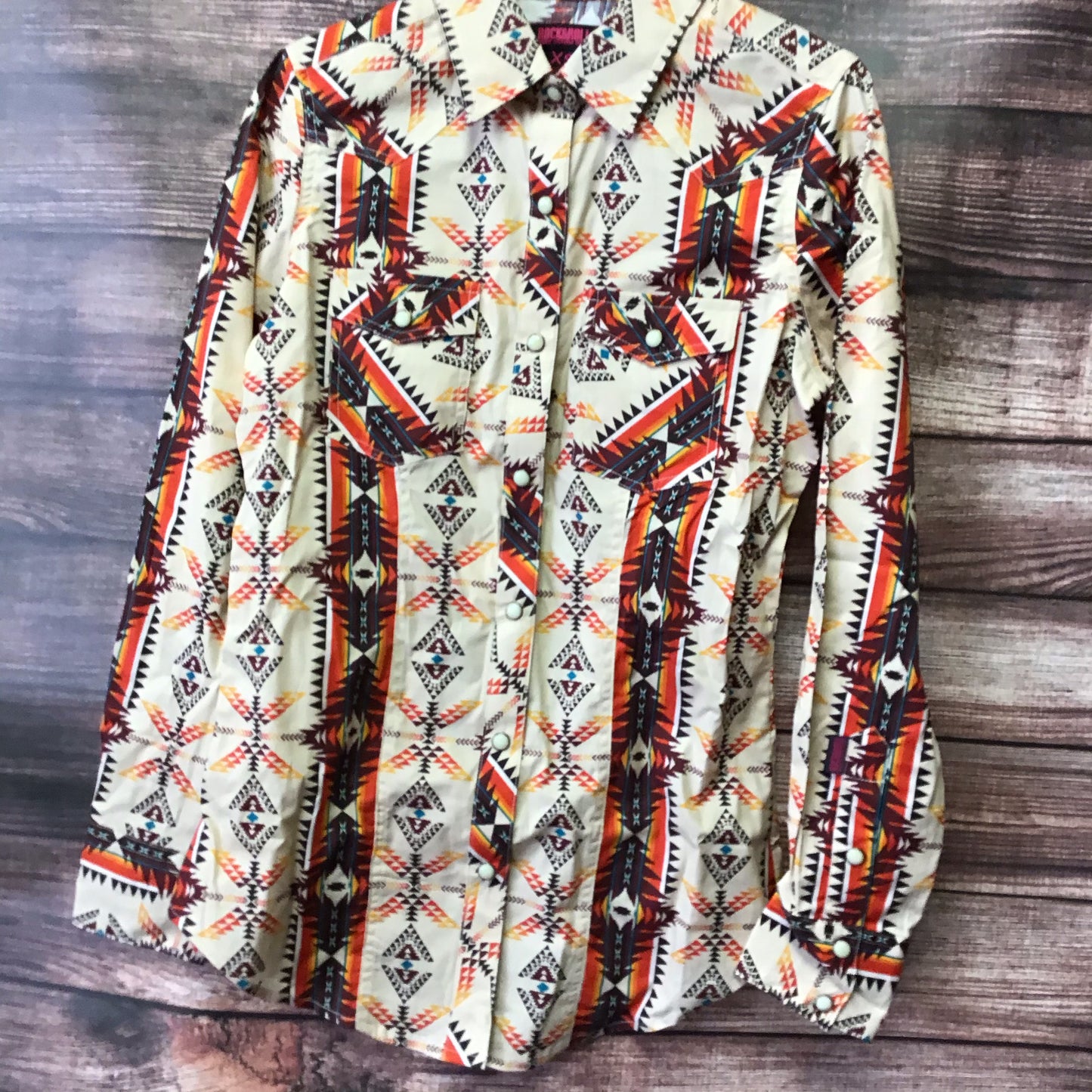 Shirts Kid’s & Juniors Western Long Sleeve Snap Rust Red Yellow Aztec Print B4S3304