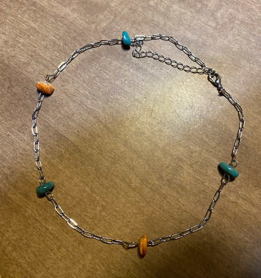 Silver tiny paper clip necklace Tq and spiny oyster