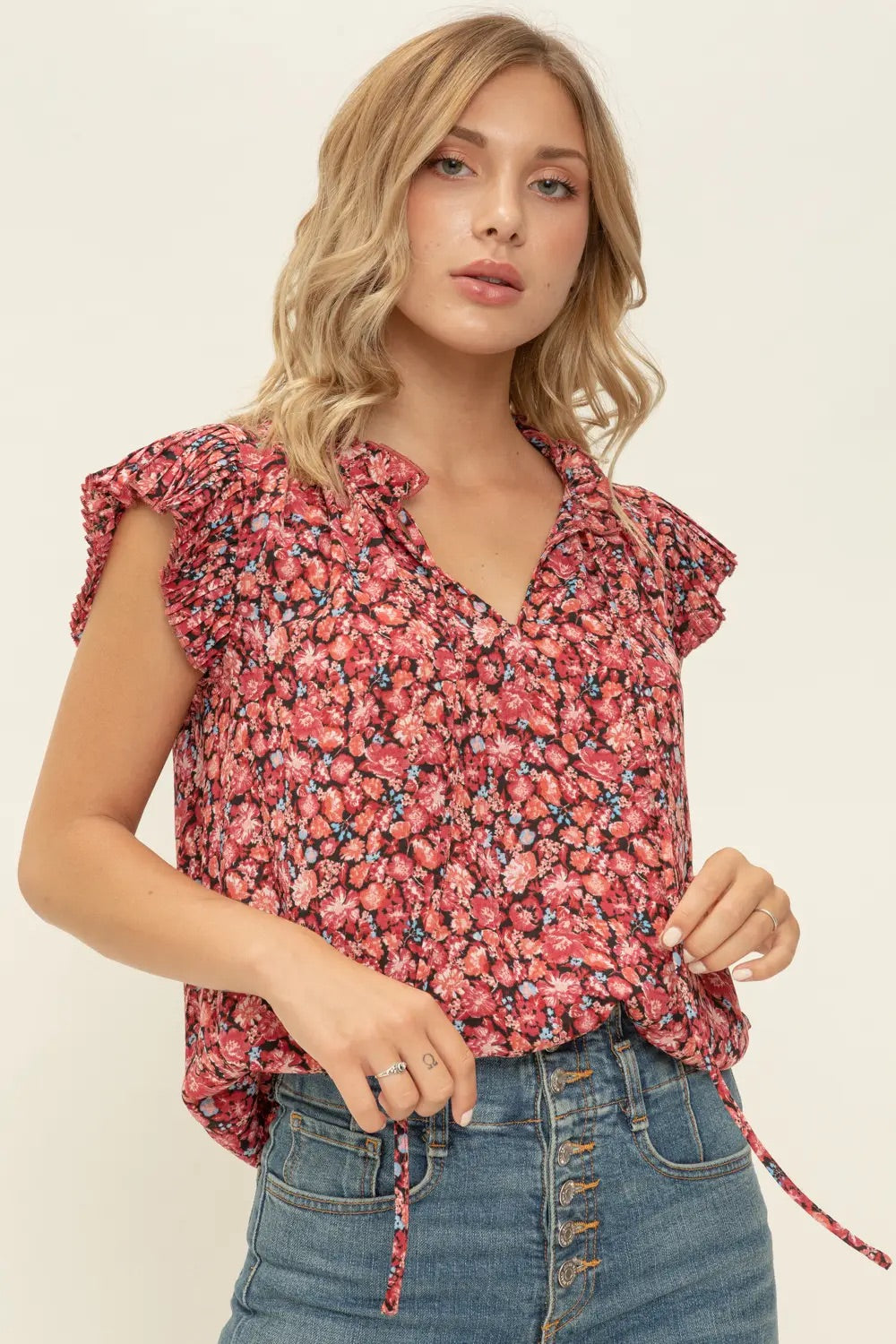 Burgundy Floral Print shirt with Pleated Sleeves and ruffled neck