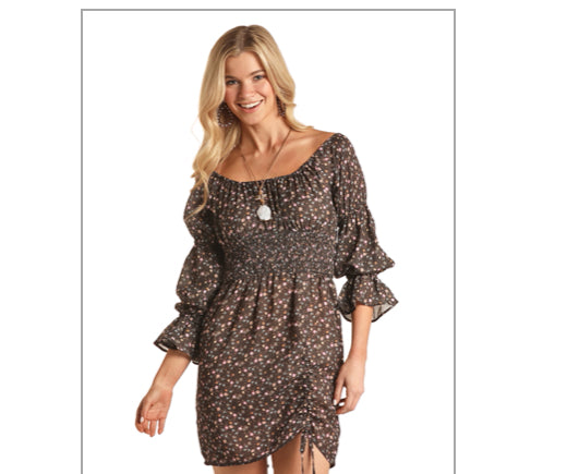 Dresses Women’s Floral Print Smocked Bodice Chocolate