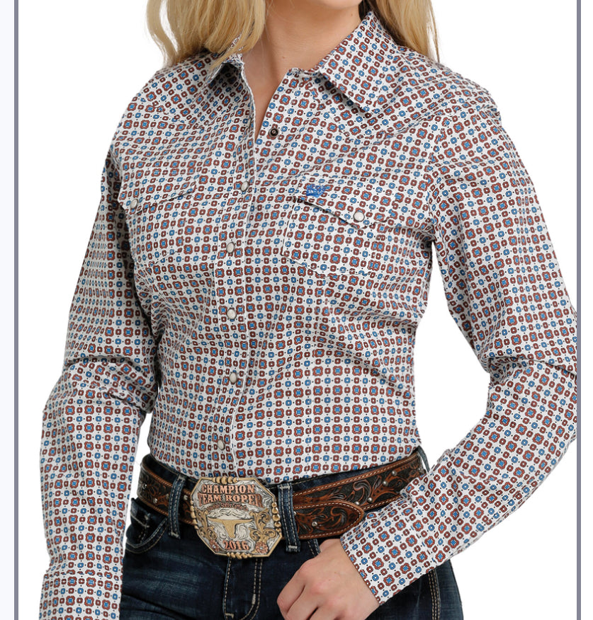 Shirts Women’s Cinch Long Sleeve Button Down MSW9201029 White Copper Blue Print