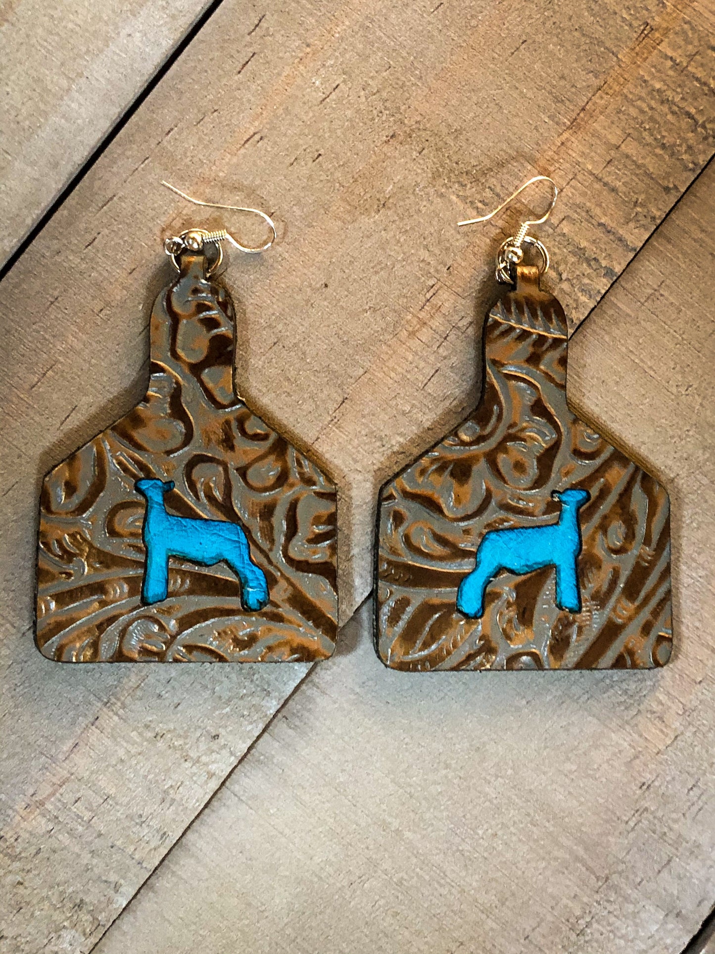 Tag shaped earrings with cutout, beef sheep hog goat