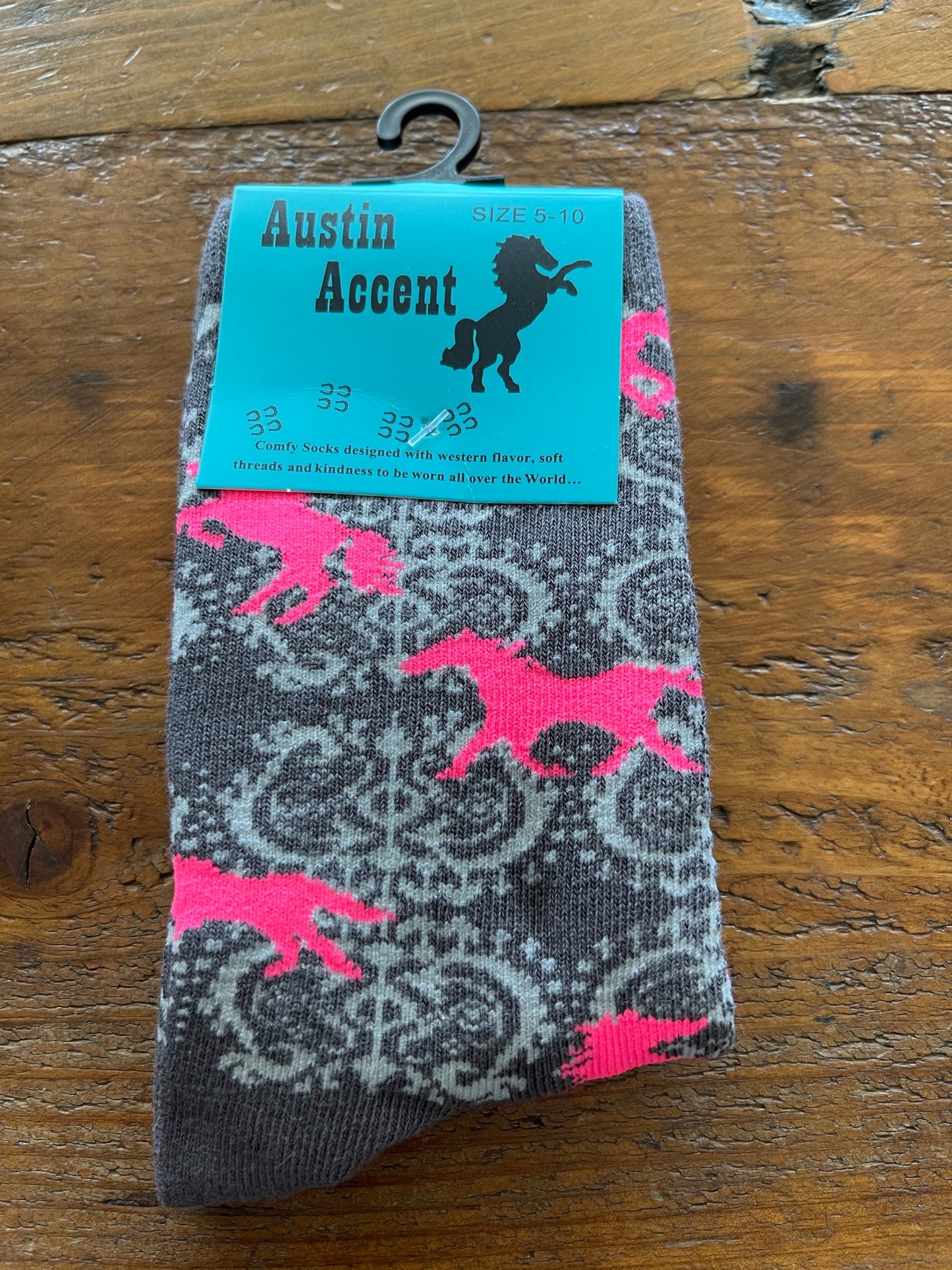Kids Socks Gray wi/Pink Horses 3740-L, 3740-M