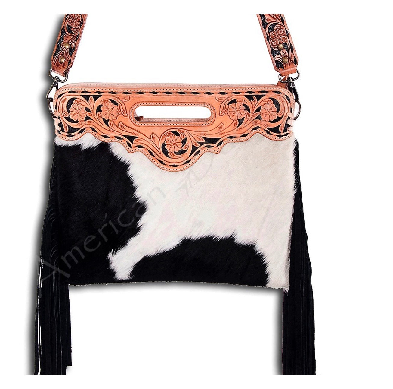 Purse with real leather fringe and tooled leather ADBGS146BKWBU