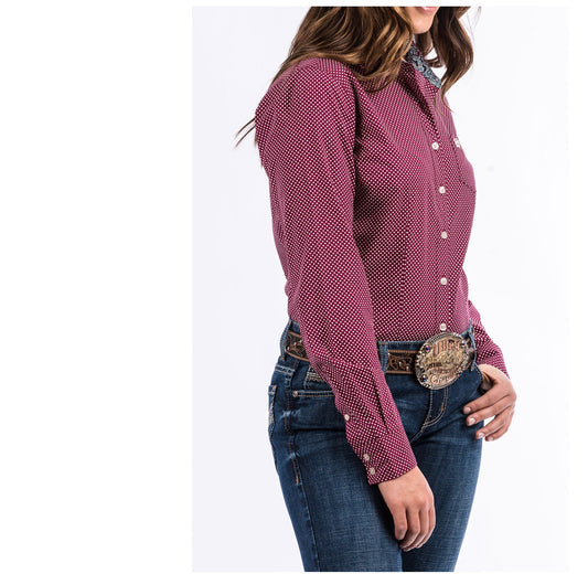 Shirts Women’s Cinch Shirt Burgundy Polka Dot Button MSW9164082