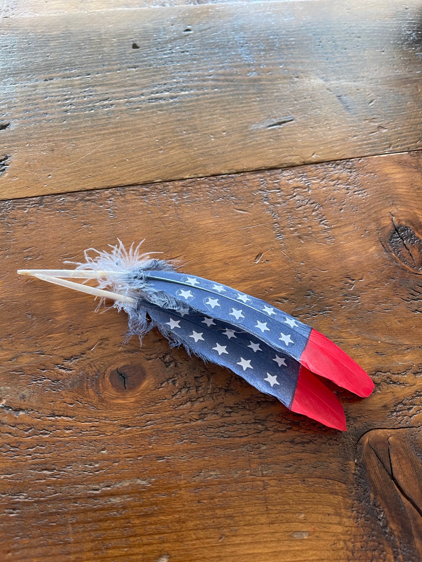 Hand Painted Feather F-20 Red White & Blue w/Stars
