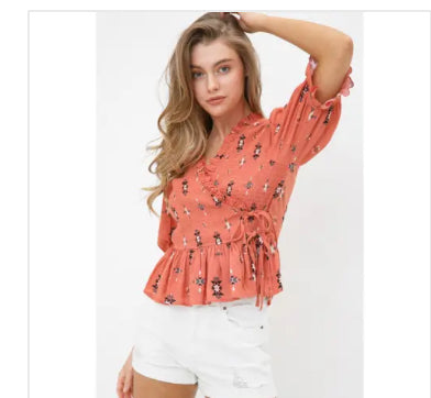 Shirts Women’s Aztec Geo Rayon Smocked Wrapped Ruffle Top