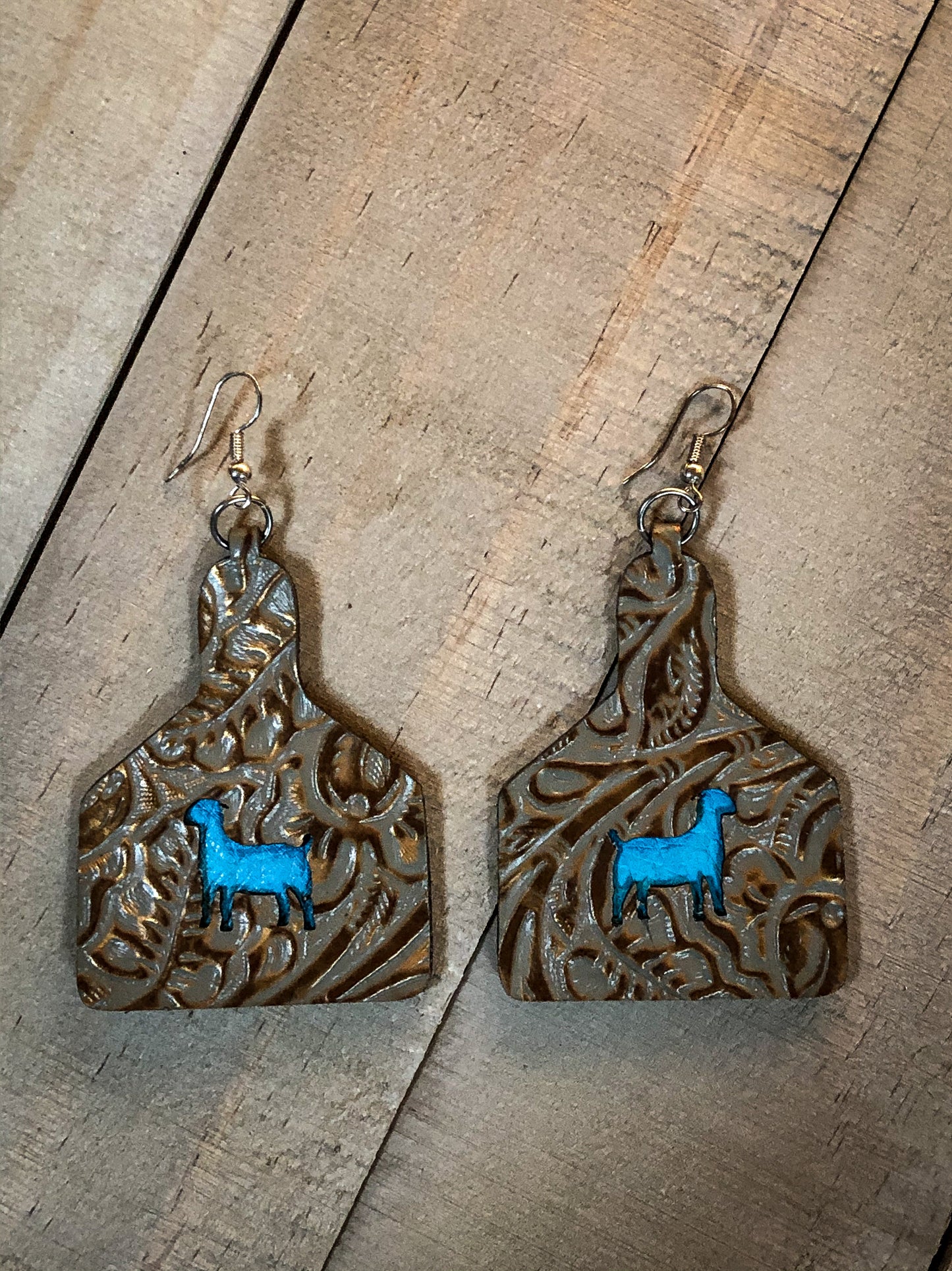 Tag shaped earrings with cutout, beef sheep hog goat