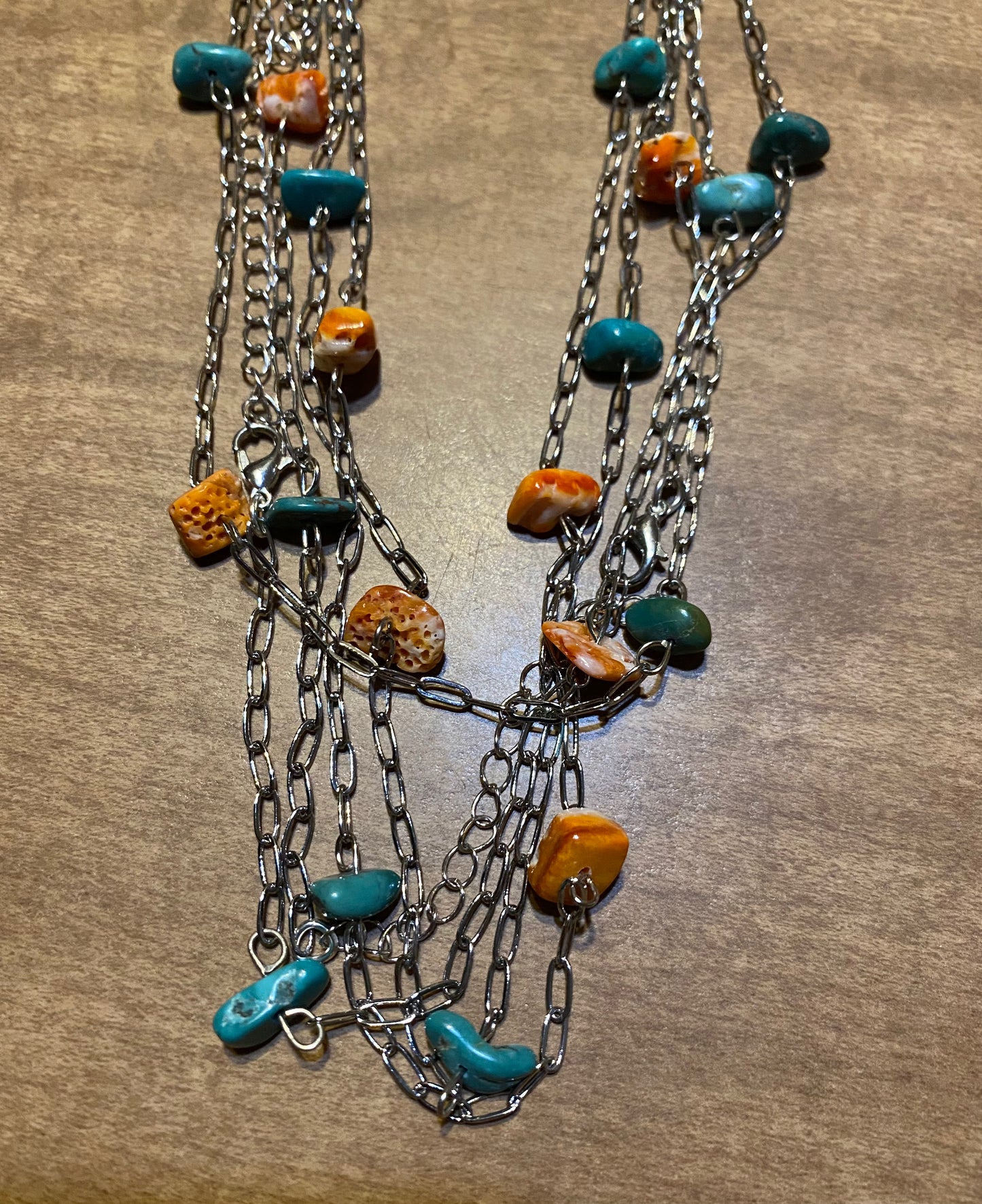 Silver tiny paper clip necklace Tq and spiny oyster