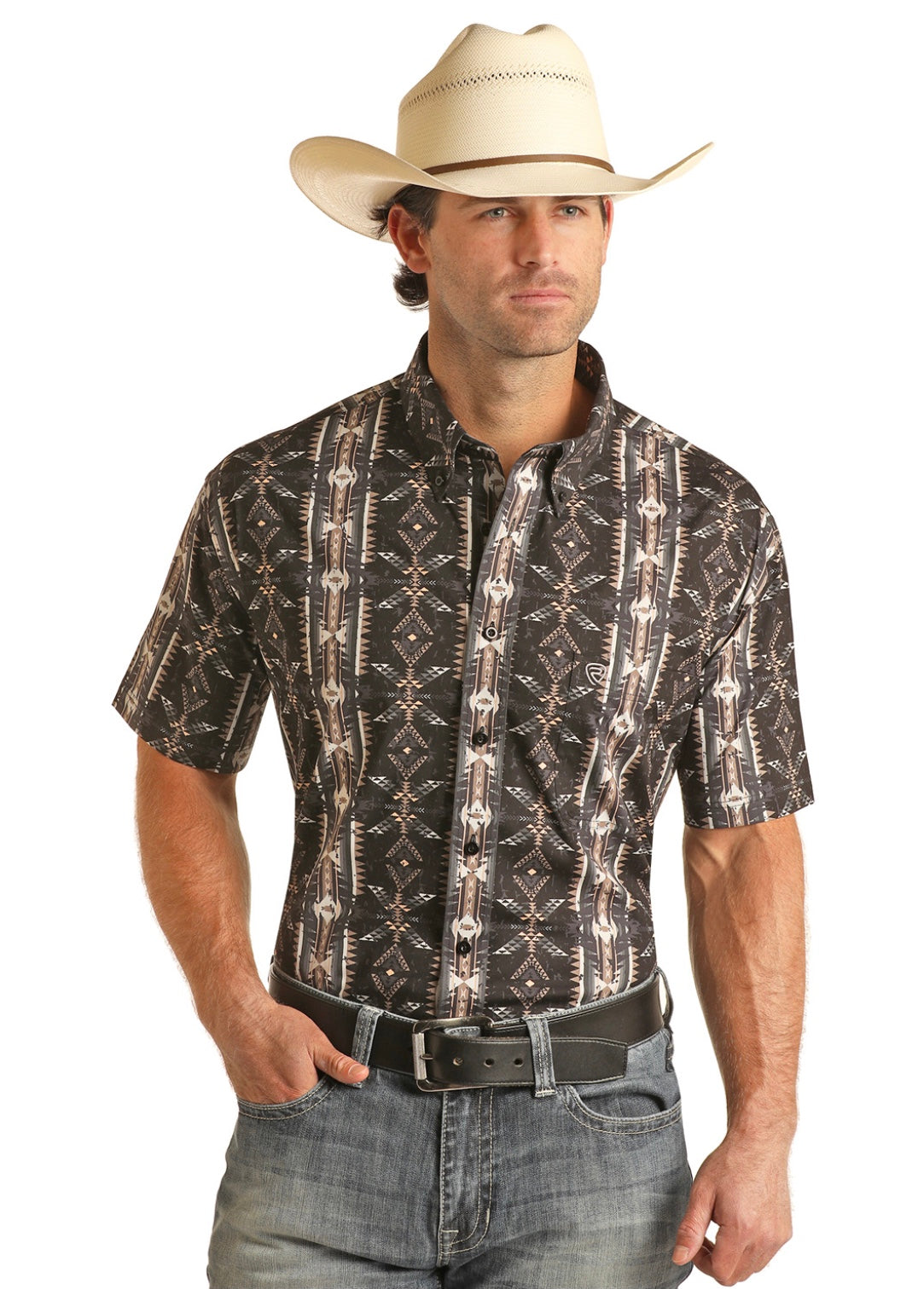 Shirts Men’s Black Aztec Button Up Short Sleeve RRMS1DRZ7H