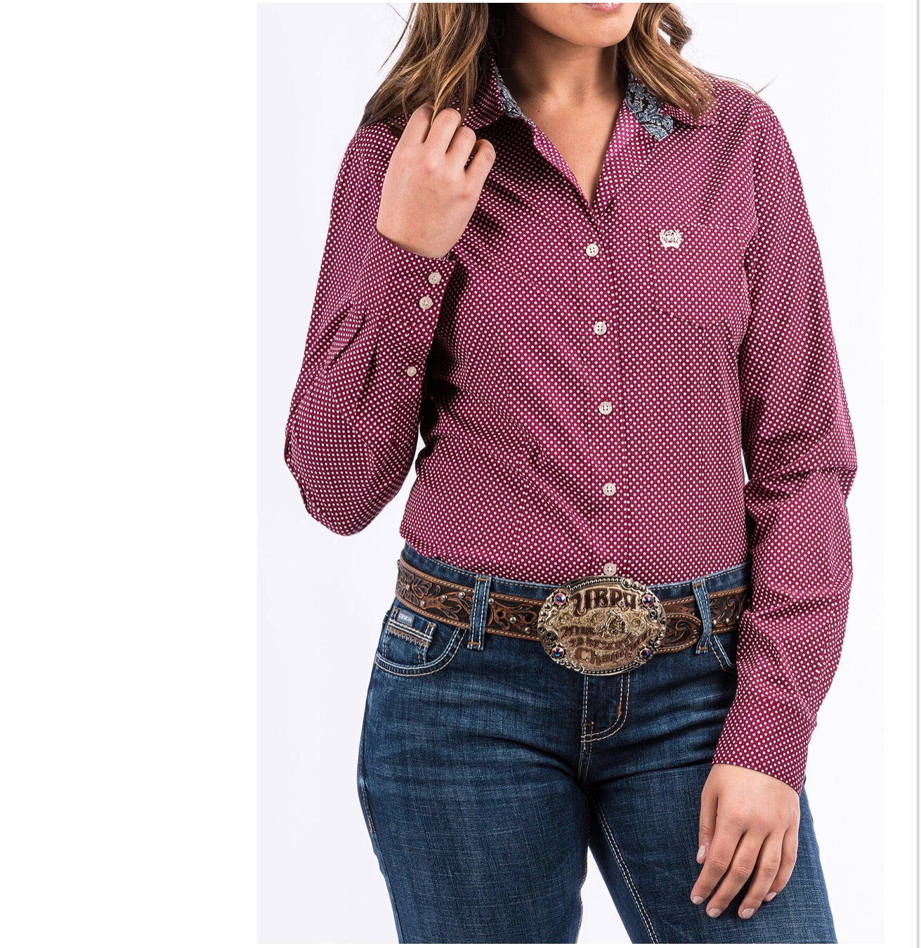 Shirts Women’s Cinch Shirt Burgundy Polka Dot Button MSW9164082