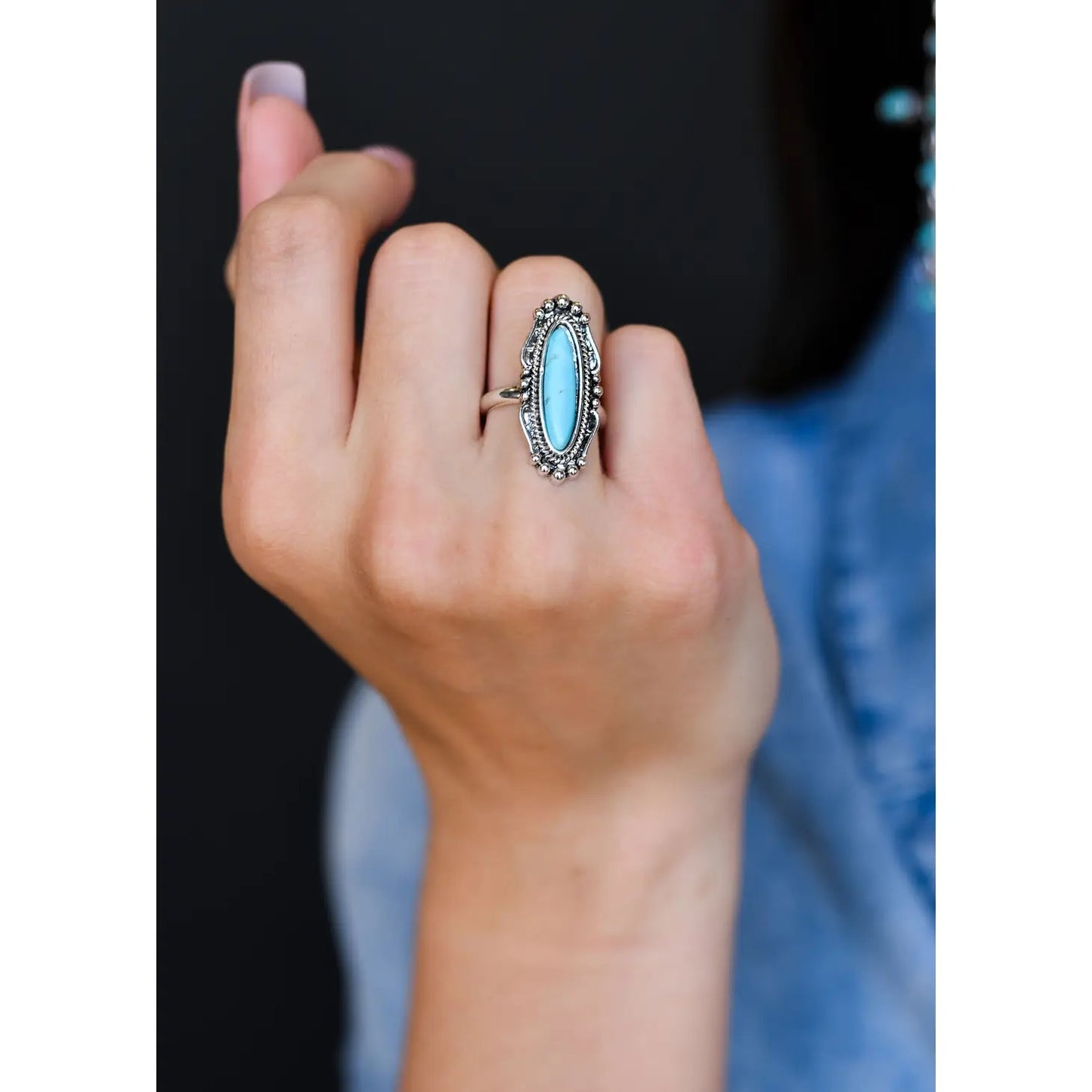 Burnished Silver Oval & Turquoise Ring R251 Jewelry