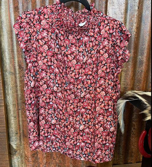 Burgundy Floral Print shirt with Pleated Sleeves and ruffled neck