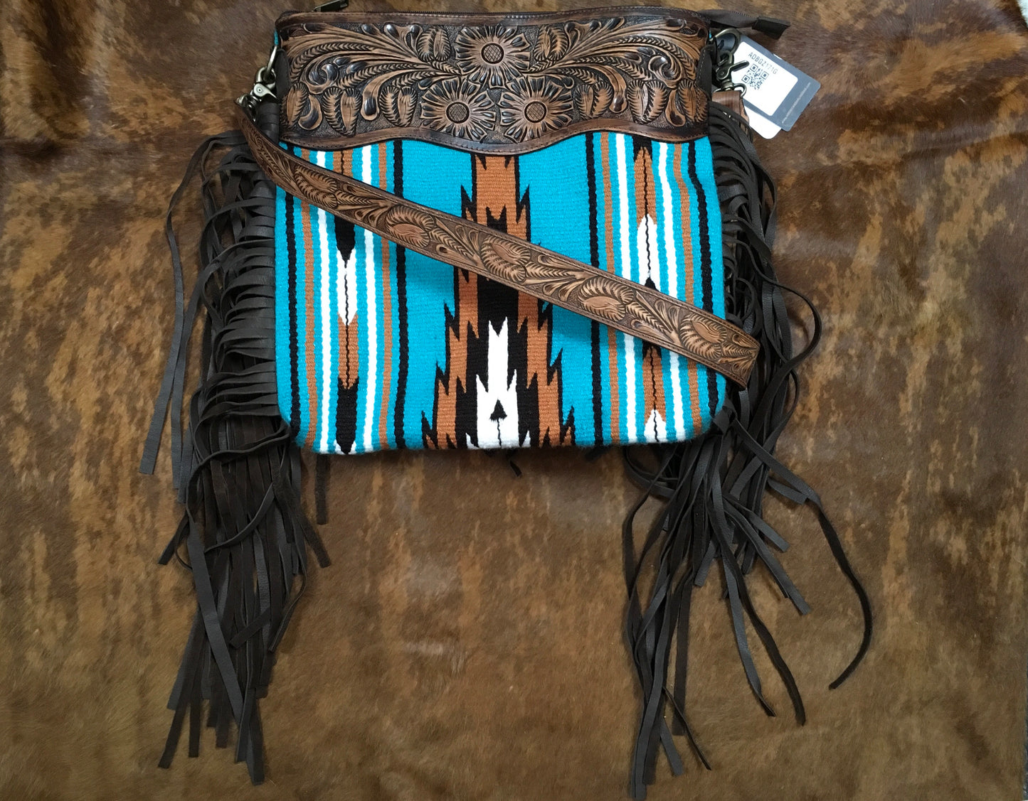 Purse with saddle blanket, fringe and tooled leather ADBGZ171G