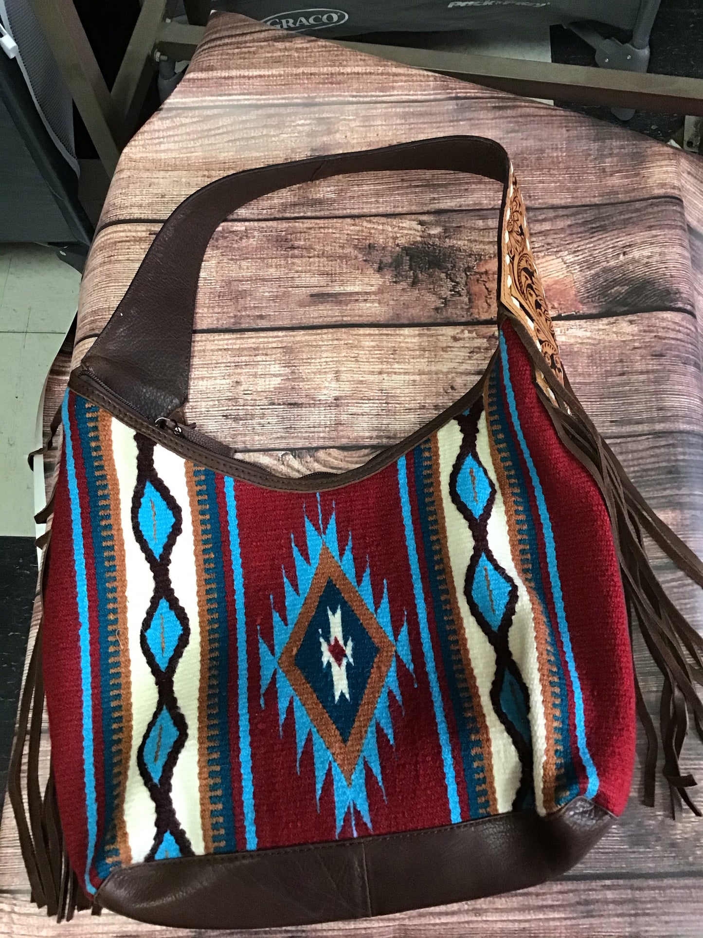 Saddle Blanket Shoulder bag W/tooled an bucksticthed strap blanket front/leather back burgundy turquoise tan black ADBGA212C