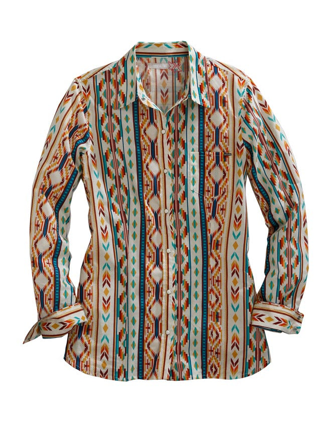 Shirts Women’s Tin Haul 10-050-0064-0226 Long Sleeved Snap Allover Print Aztec Stripe