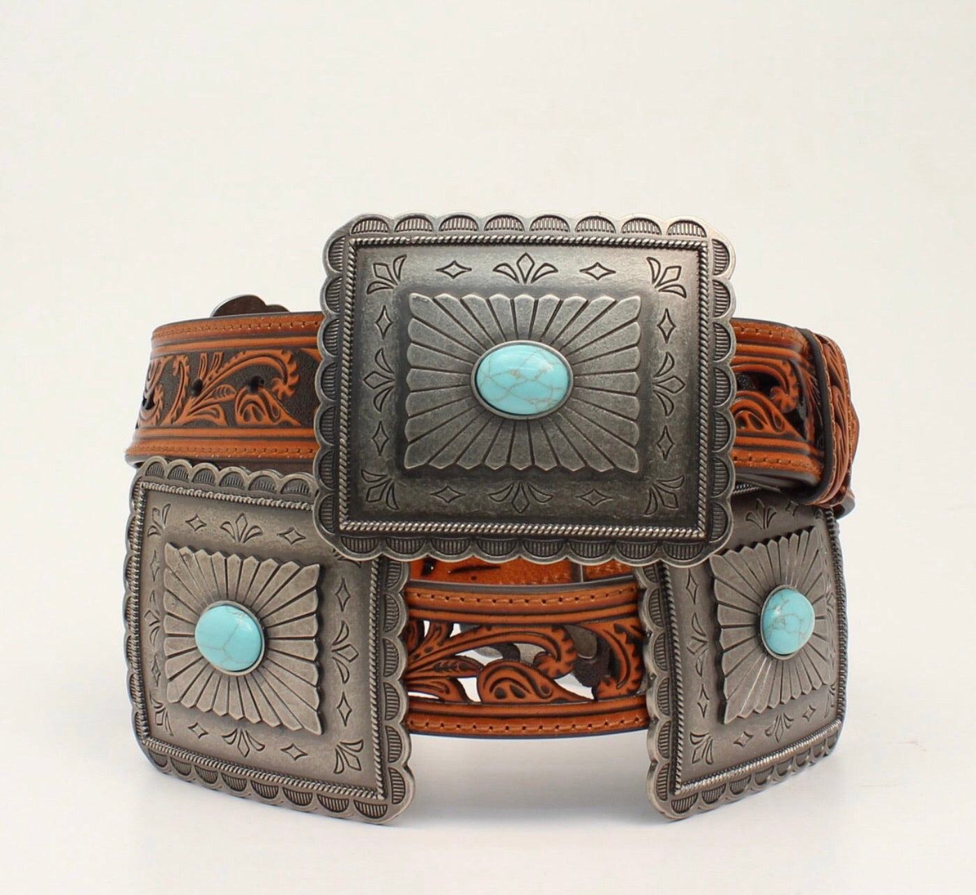 A1532108 Ariat Ladies Belt Tan 1-1/2” Wide Strap Pierced Strap Large Rectangle Conchos with Turquoise Stones