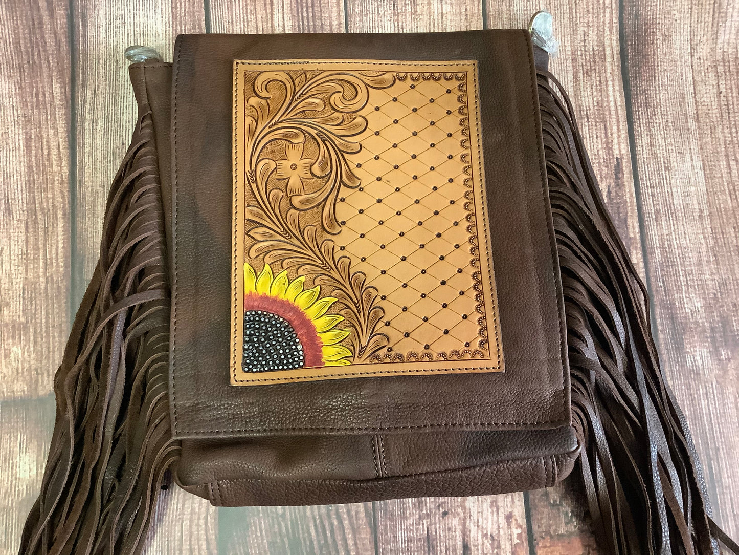 Large handbag with hand painted sunflower and tooled leather trim and strap w/fringe ADBGA158