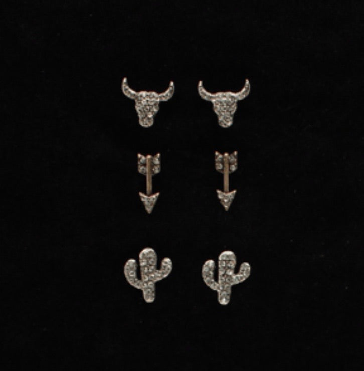 Jewelry earrings set of three cactus steer head and arrows 30959