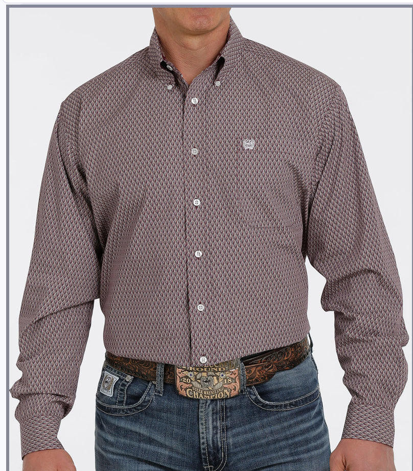 Shirts Men’s Cinch Long Sleeve Button Down Burgundy Print MTW1105349