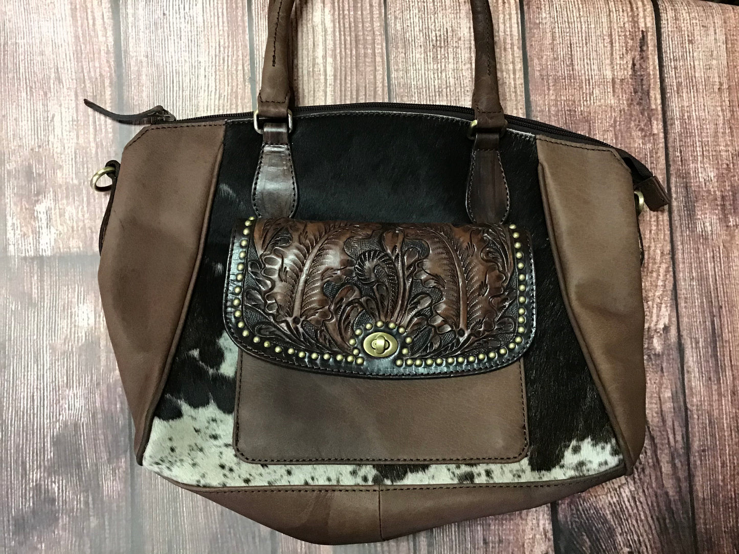 Handbag w/leather handles hair on cowhide trim with brass studs ADBGI187