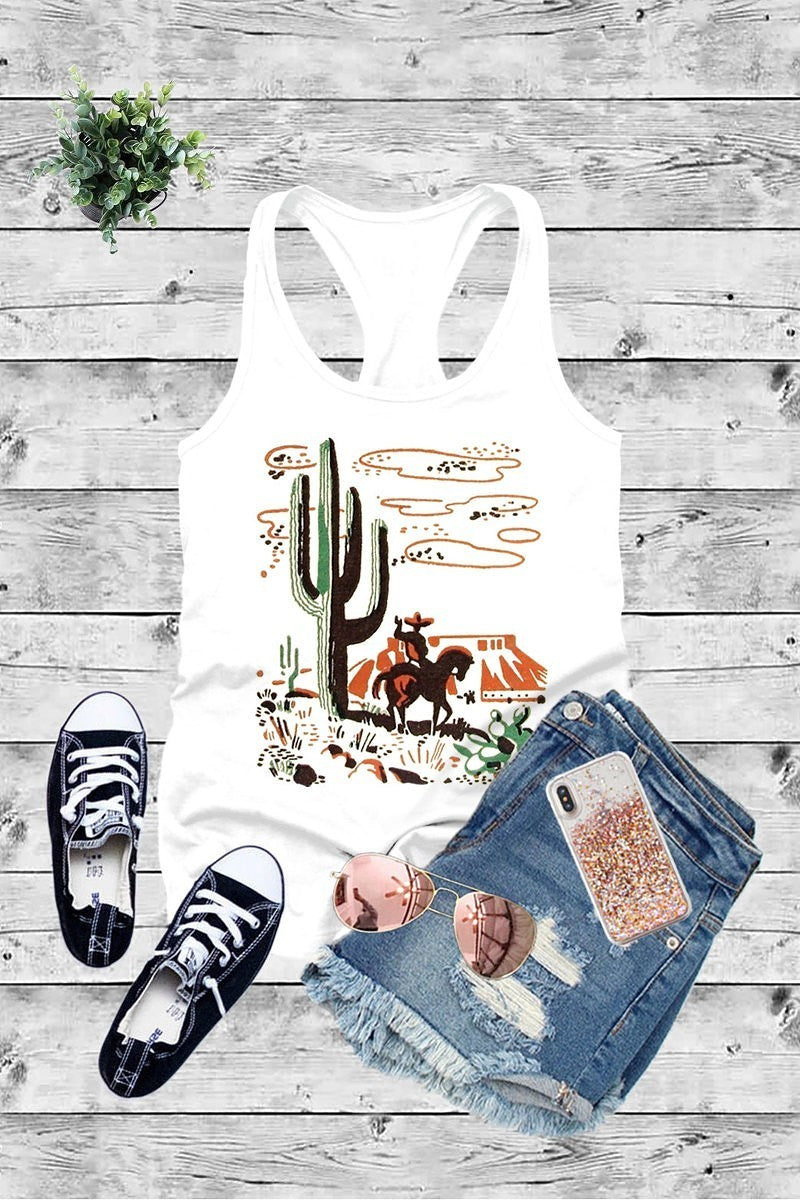 Racerback Tee (Three Colors) Cactus & Cowboy Desert Scene