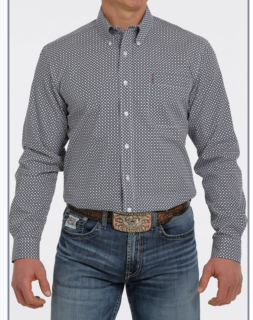 Shirts Men’s Long Sleeve Cinch Button Down Burgundy White Teal Print MTW1347042