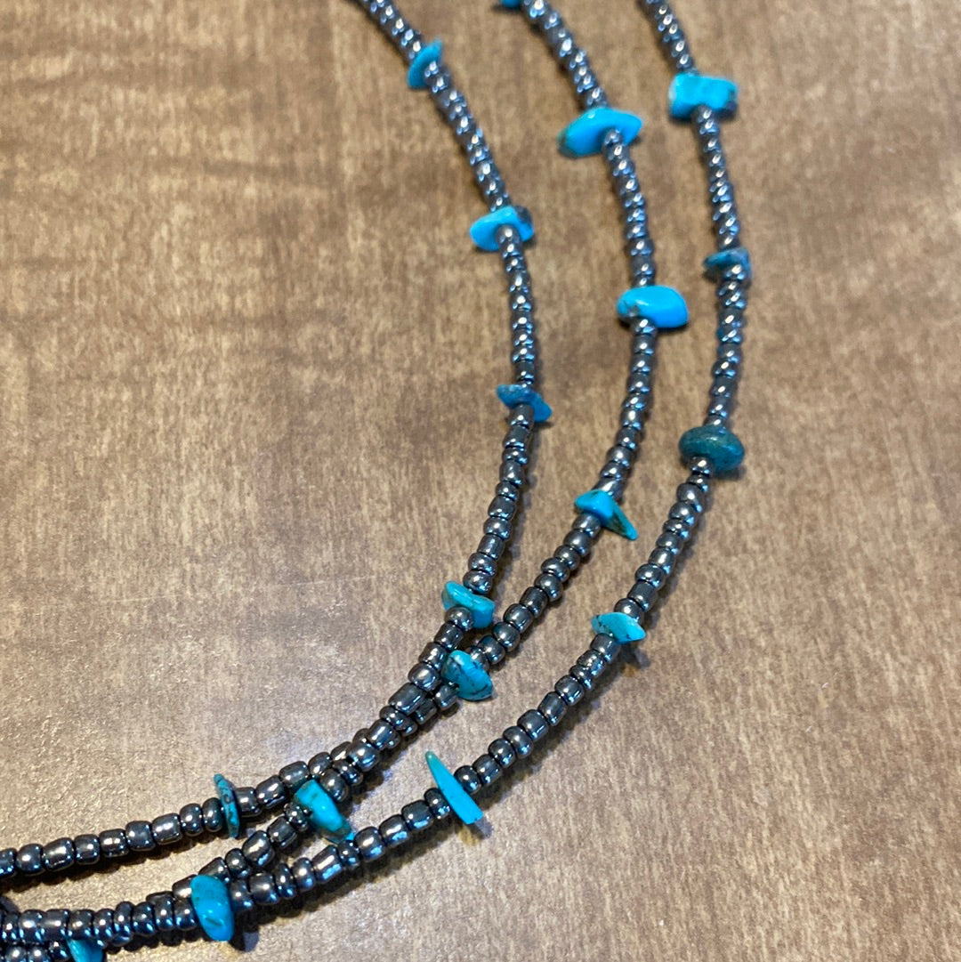 14” necklace, seed beads, turquoise 023