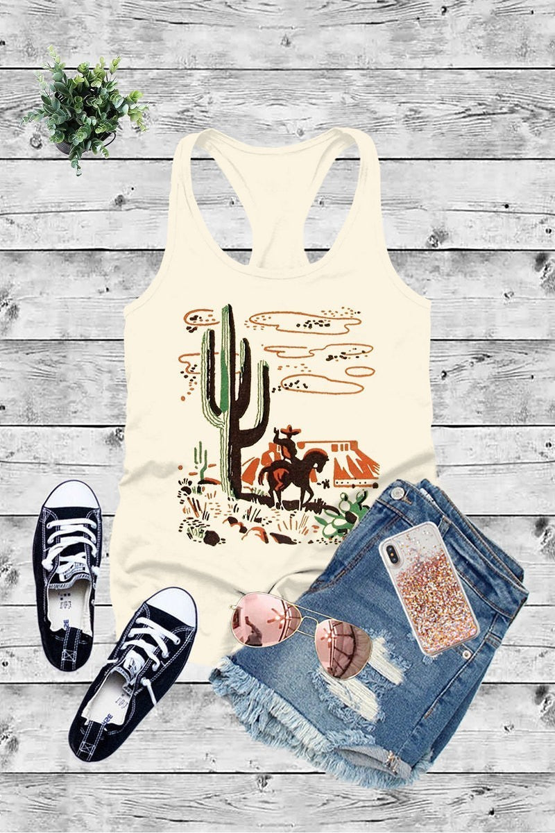 Racerback Tee (Three Colors) Cactus & Cowboy Desert Scene