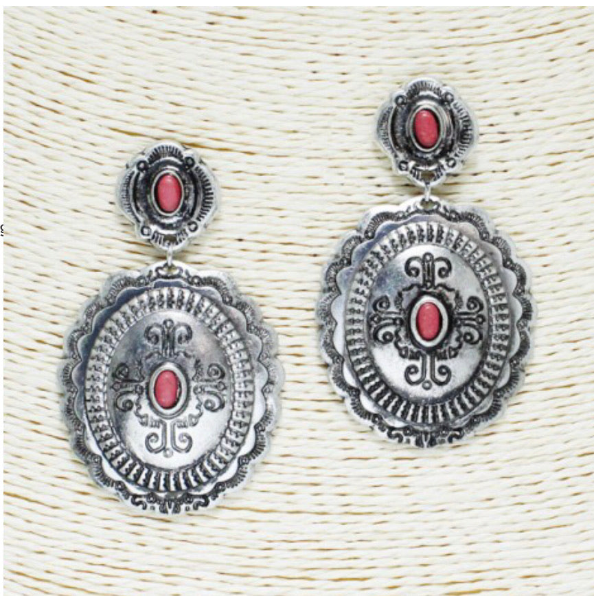 Jewelry Silver Earrings Western Concho Red Stone Post AE3724SBCO