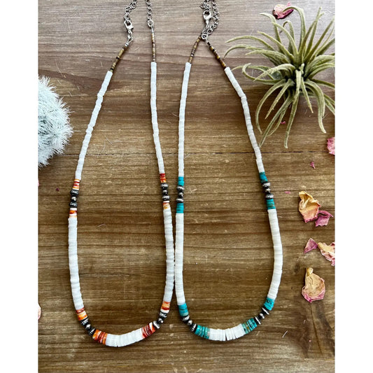 Graduated shell with Navajos; turquoise or spiny Necklace