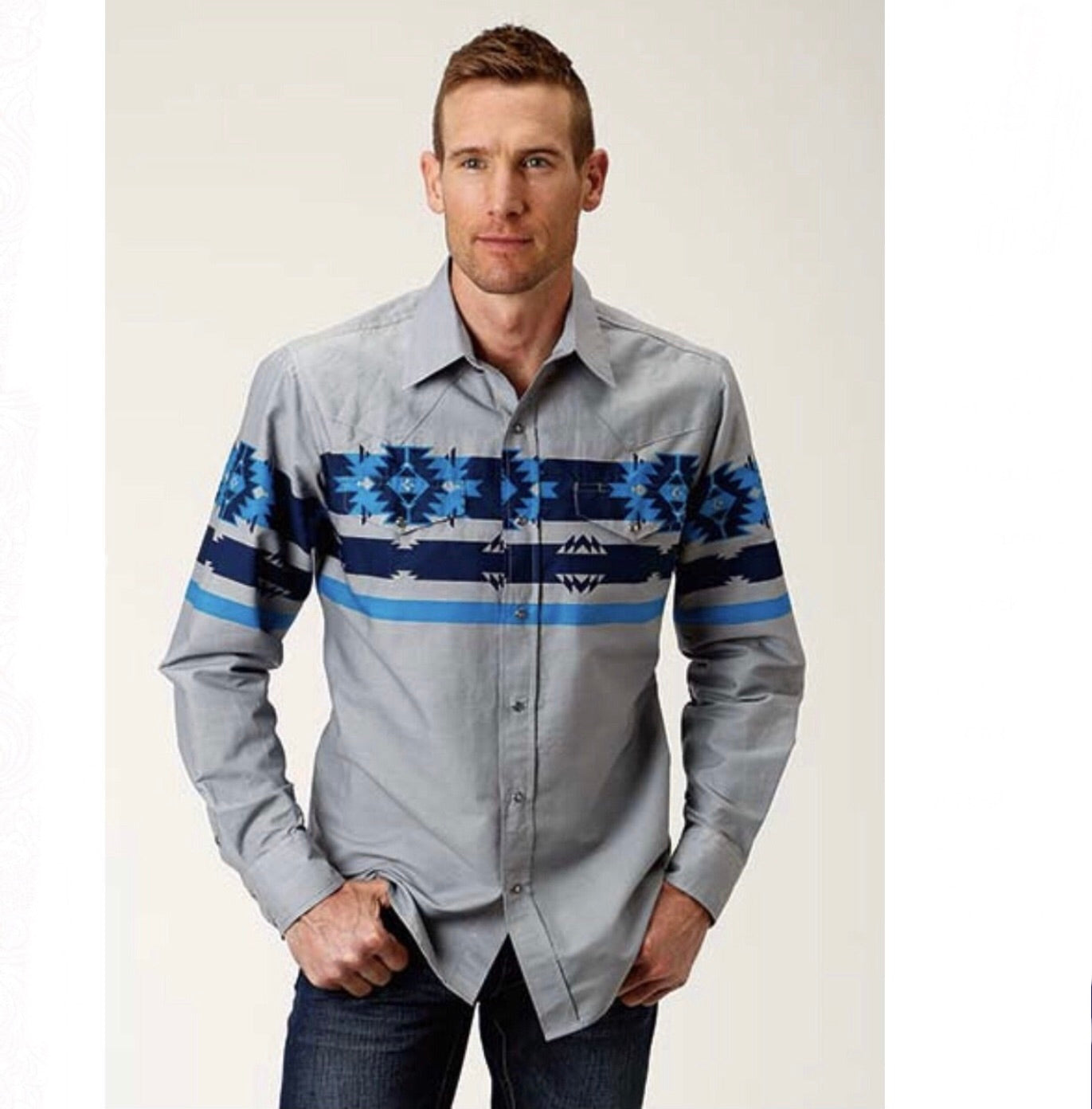 Shirts Men’s roper Blue Aztec boarder 301-431-325GY