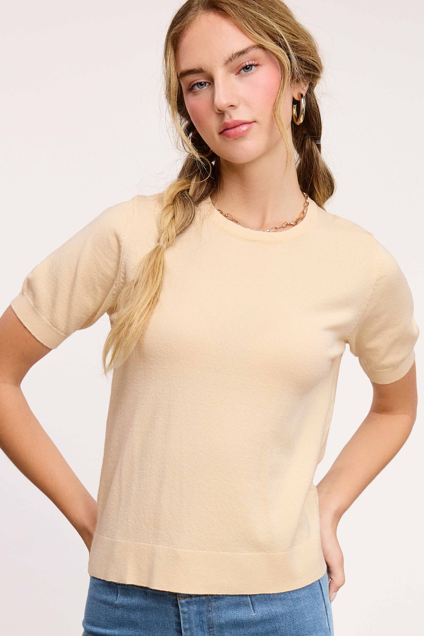 Soft Short Puffy Sleeve Basic Stretchy Knit Top MCS3600