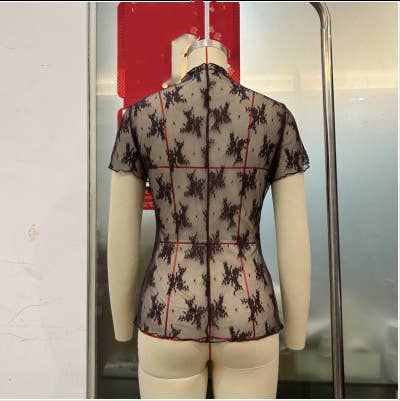 TO1401 Sheer Mesh Lace Short Sleeve Top