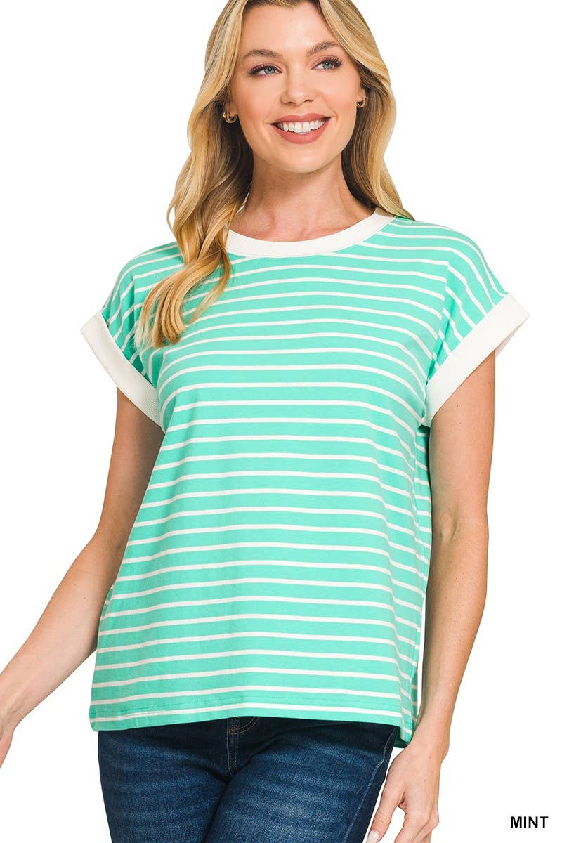 3534 Contrast Trim Cap Sleeve Stripe Tee CT-3543Y