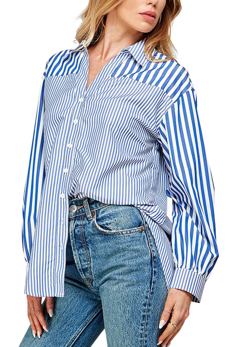 24351O Button Down Stiped Long Sleeves Top