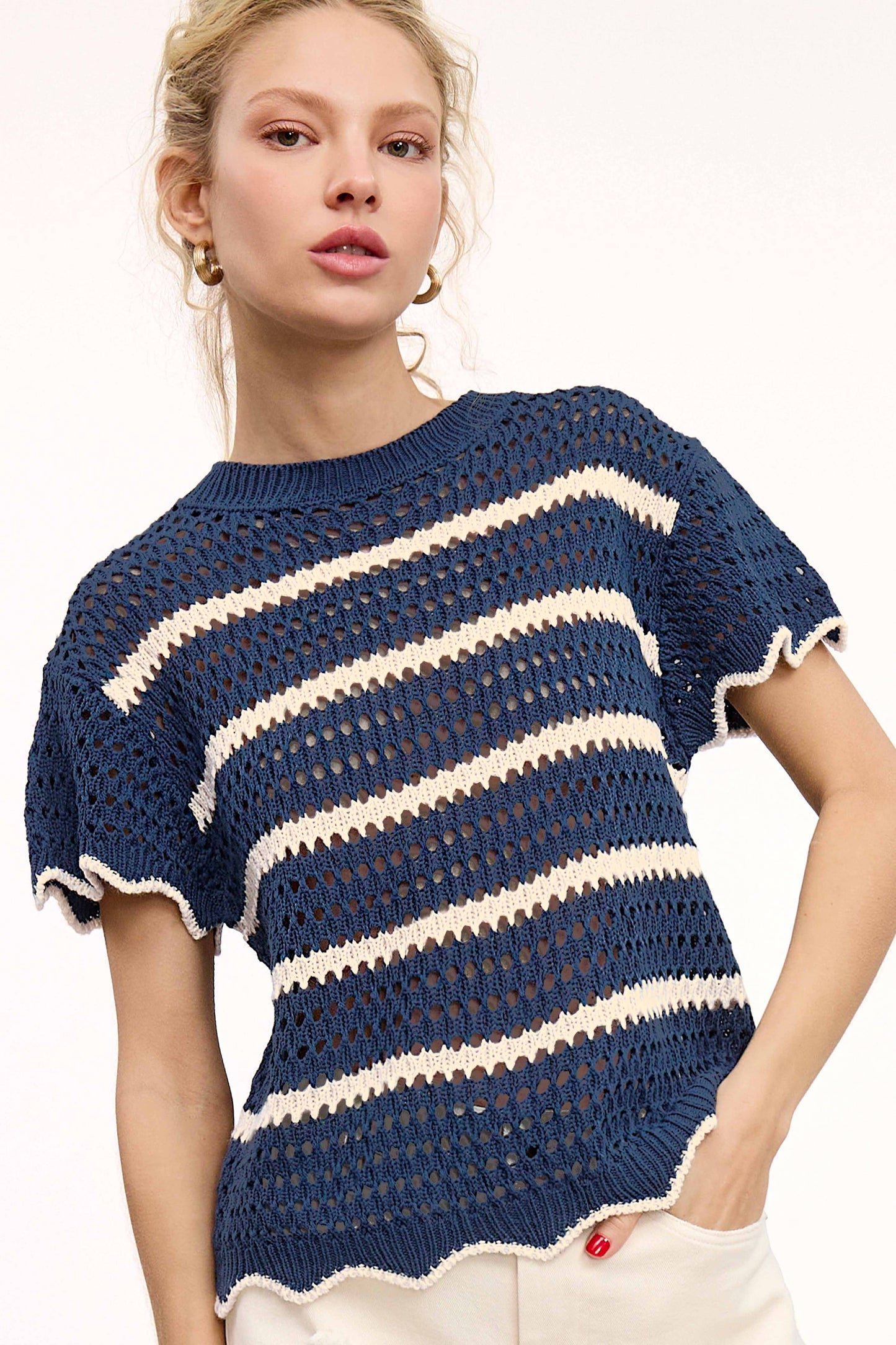 Outerwear Round Neck Scalloped Edge Short Sleeve Sweater MDS3603