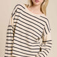 MCS3588-Striped Round Neck Loose Fit Long Sleeve Sweater