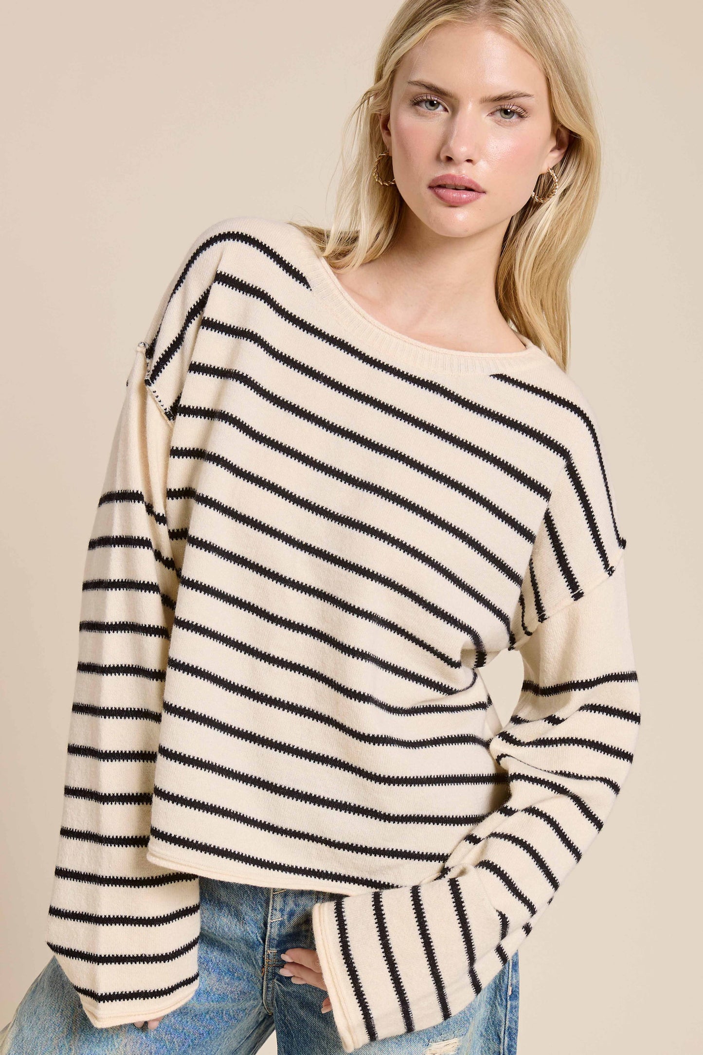 MCS3588-Striped Round Neck Loose Fit Long Sleeve Sweater