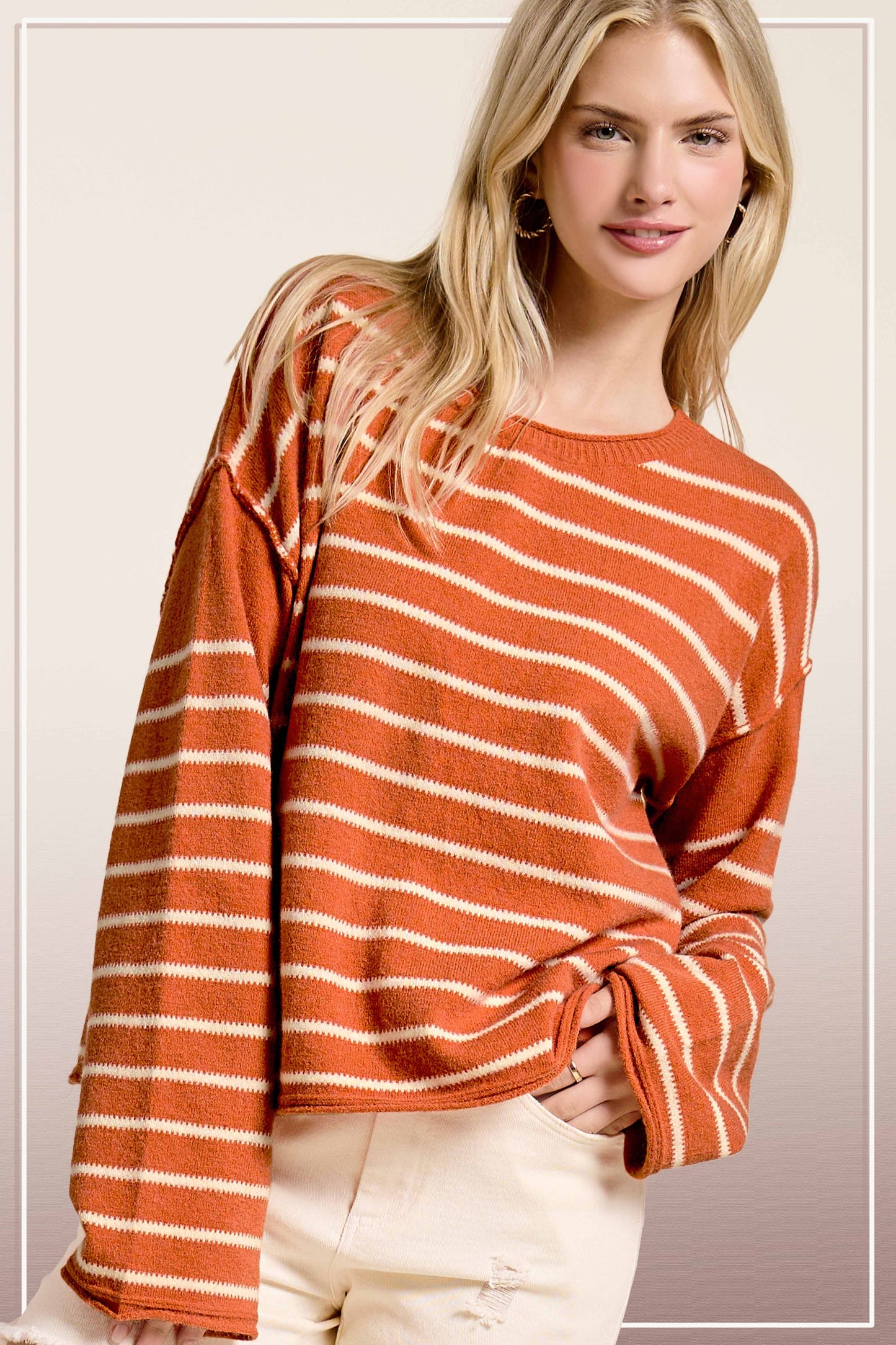 MCS3588-Striped Round Neck Loose Fit Long Sleeve Sweater