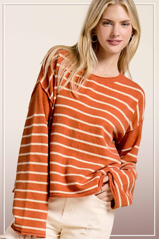 MCS3588-Striped Round Neck Loose Fit Long Sleeve Sweater